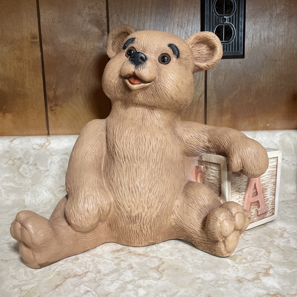 Vintage Homco 1989 9.5" Tan Sitting Teddy Bear Statue W Alphabet Block